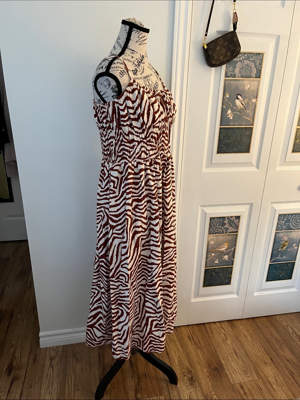 Strapless Smocked Zebra-Print Maxi Dress in Brown and White - Picture 3 of 9